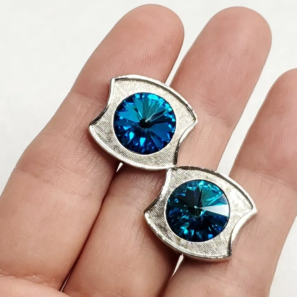 Vintage Shields Rivoli Cufflinks Silver Tone Blue Rhinestone Sparkles